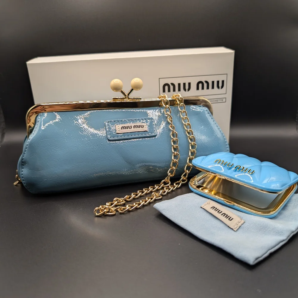 Miu Miu | Bags | Miu Miu Blue Clutch Bag With Gold Chain And